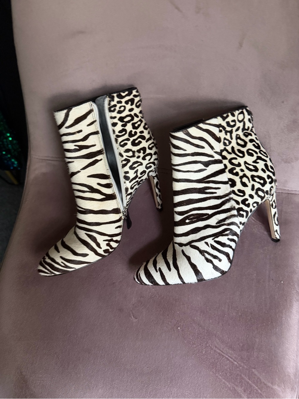 Guess Zebra & Leopard Print Calg Hair Ankle Boots - Dark Brown and White
